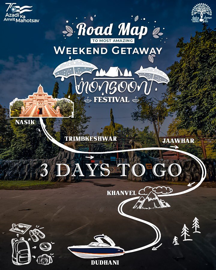 dnhddtourism's tweet photo. Just 3 days until the Monsoon Festival! Prepare to discover the enchantment of Dadra and Nagar Haveli in a whole new way. Get ready to explore!
#monsoonfestival #monsoon #festival #vapi #dudhani #fun #4daystogo #explorednhdd #dnhddtourism https://t.co/3vFd0S9HWT