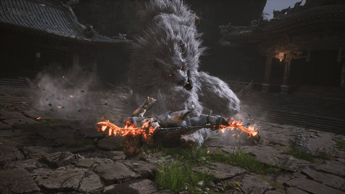 JVCom's tweet photo. Black Myth Wukong, nouvelles infos :

- l'arme principale est un bâton
- trois postures de combat
- les attaques légères génèrent de la concentration tandis que les attaques lourdes la dépensent
- des sorts sont disponibles (immobiliser, cercle de feu, se changer en pierre)
- possibilité de se transformer en loup ardent ou en créature aux attaques empoisonnées
- l'exploration peut mener à des boss secrets
- confirmé pour PC et consoles next gen à l'été 2024.