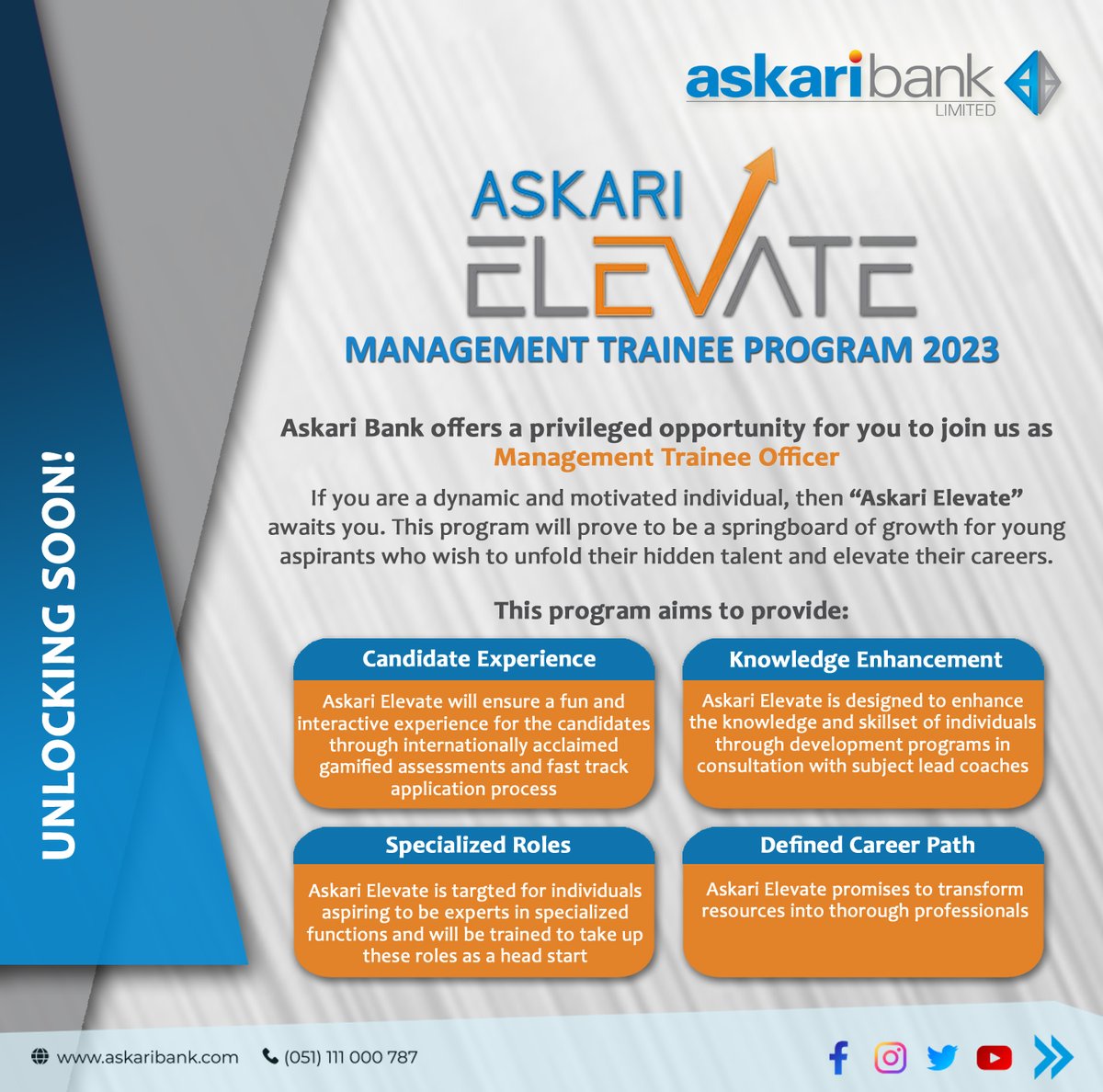 Askari_Bank's tweet photo. What is Askari Elevate - Management Trainee Program 2023?

#AskariBank #AskariElevate #MTO2023 #Hiring #Career #ManagementTraineeProgram #Banking #Team #UnlockingSoon #LegacyOfLeadershipAndGrowth https://t.co/4zSujc5tXc