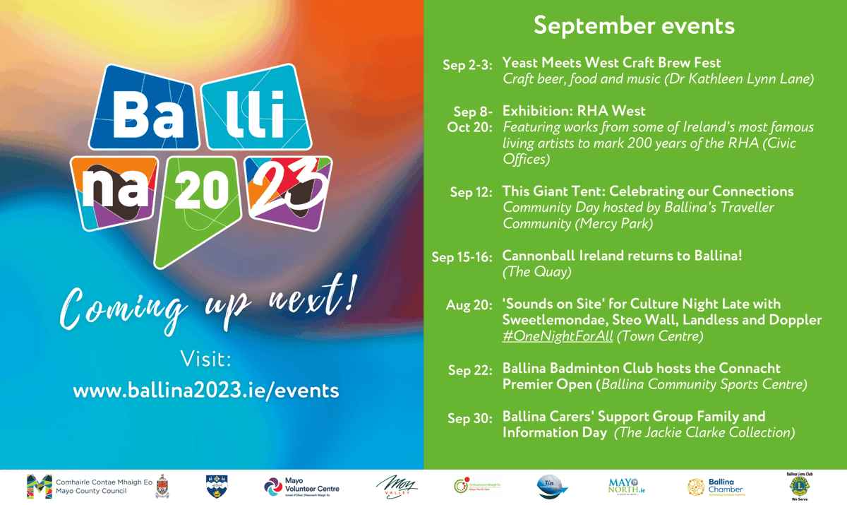 ballina2023's tweet photo. September is another jam packed month of events! The celebrations for Ballina's 300th birthday never stop. ๐Save these dates in your diary and tag who you will be bringing with you in the comments. ๐ซ
#UpcomingEvents #Ballina2023 #MyBallina #BallinaEvents #CountyMayo #Ireland https://t.co/500jexuRph