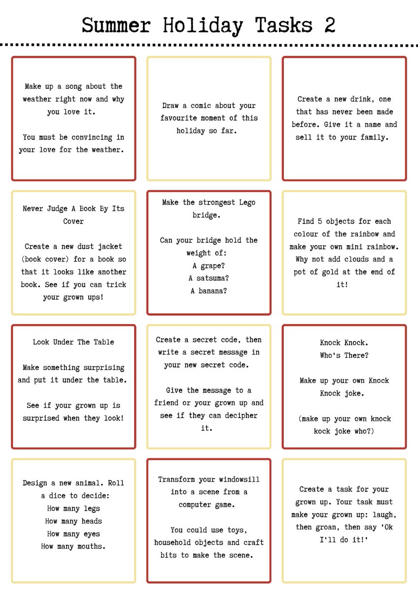 jo_sintonhewitt's tweet image. At the beginning of the school hols I posted some summer holiday task ideas. The boys have asked for more so I&apos;ve made one final page to get us through the last couple of weeks. Here&apos;s all 48 tasks for your mini #taskmasters (+also as a downloadable pdf: summerholidaytasks.tiiny.site)