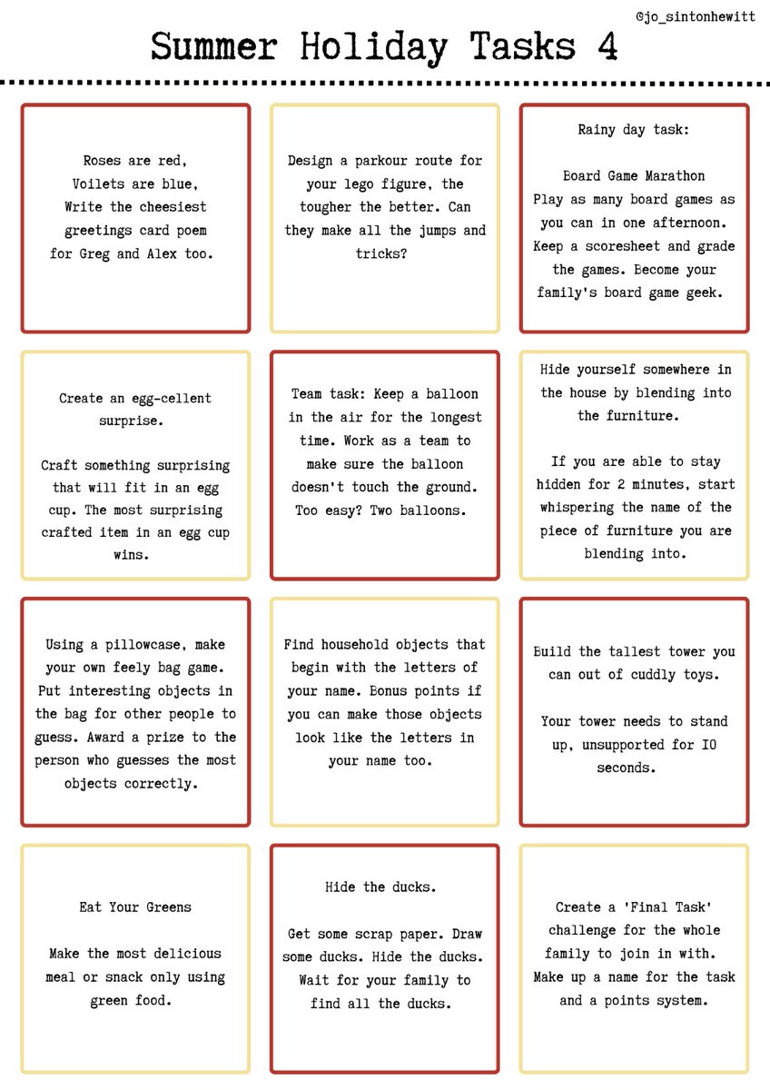 jo_sintonhewitt's tweet image. At the beginning of the school hols I posted some summer holiday task ideas. The boys have asked for more so I&apos;ve made one final page to get us through the last couple of weeks. Here&apos;s all 48 tasks for your mini #taskmasters (+also as a downloadable pdf: summerholidaytasks.tiiny.site)