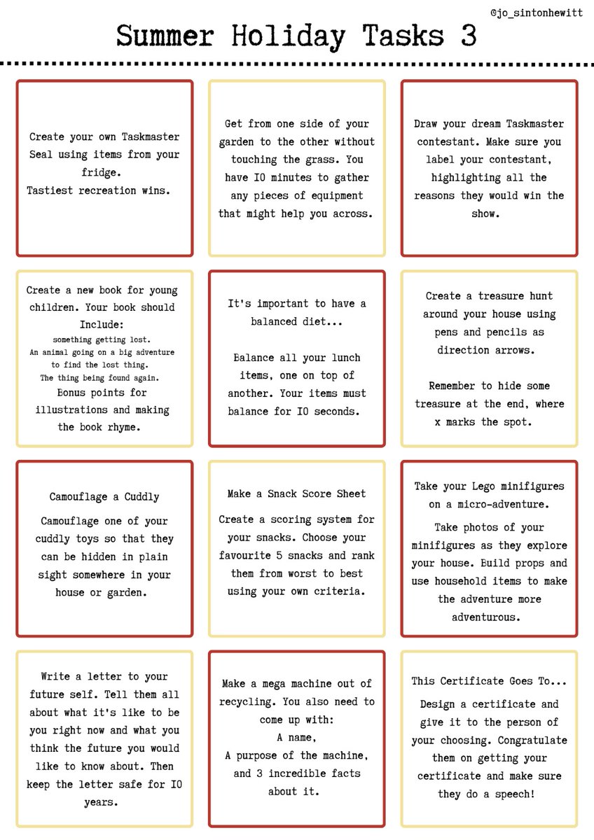 jo_sintonhewitt's tweet image. At the beginning of the school hols I posted some summer holiday task ideas. The boys have asked for more so I&apos;ve made one final page to get us through the last couple of weeks. Here&apos;s all 48 tasks for your mini #taskmasters (+also as a downloadable pdf: summerholidaytasks.tiiny.site)