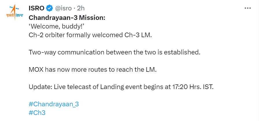 woodmanindia_'s tweet photo. 🚀 Exciting News Alert! 🌕 On August 23rd, 2023, at around 18:04 hrs IST, #ISRO made a historic announcement: Two-way communication triumphantly linked the #Chandrayaan2 orbiter and #Chandrayaan3Mission  Lunar Module! 🛰️🌝 #Chandrayaan3 #India #Chandrayaan_3 https://t.co/HKbTvW4T2J
