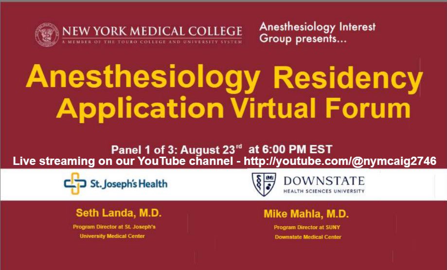 NYMCAIG's tweet photo. The NYMC Anesthesiology Interest Group is hosting PART 1 of our Residency App Virtual Forum this Wed! PDs and residents from SUNY Downstate and St. Joe's will be discussing their programs and answering questions from students. Watch LIVE on youtube! #Match2024 #Anesthesiology https://t.co/rdMSQBoCJZ