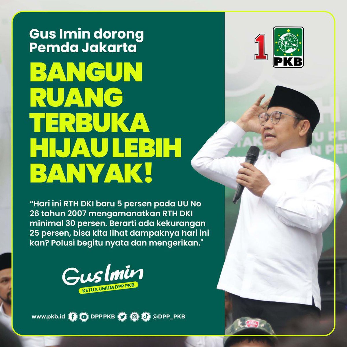 Gus <a href="/cakimiNOW/">A Muhaimin Iskandar</a> dorong Pemda selamatkan Jakarta dari polusi. Pemda  perlu bangun ruang terbuka hijau lebih banyak! 

#GusIminPKBsatu 
#PKBHijaukanIndonesia