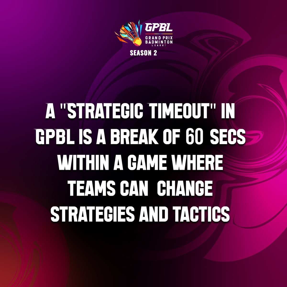 thewbsl's tweet photo. What is a 'Strategic Timeout' in GPBL?

#TeamSpirit #BadmintonFever #GrandPrixBadmintonLeague #BadmintonFever #badmintonfever #india #gpblseason2 #badminton #badmintonforever #badminton #explorepage #JitegaKaun #GameOn https://t.co/xrKRkTpaBm