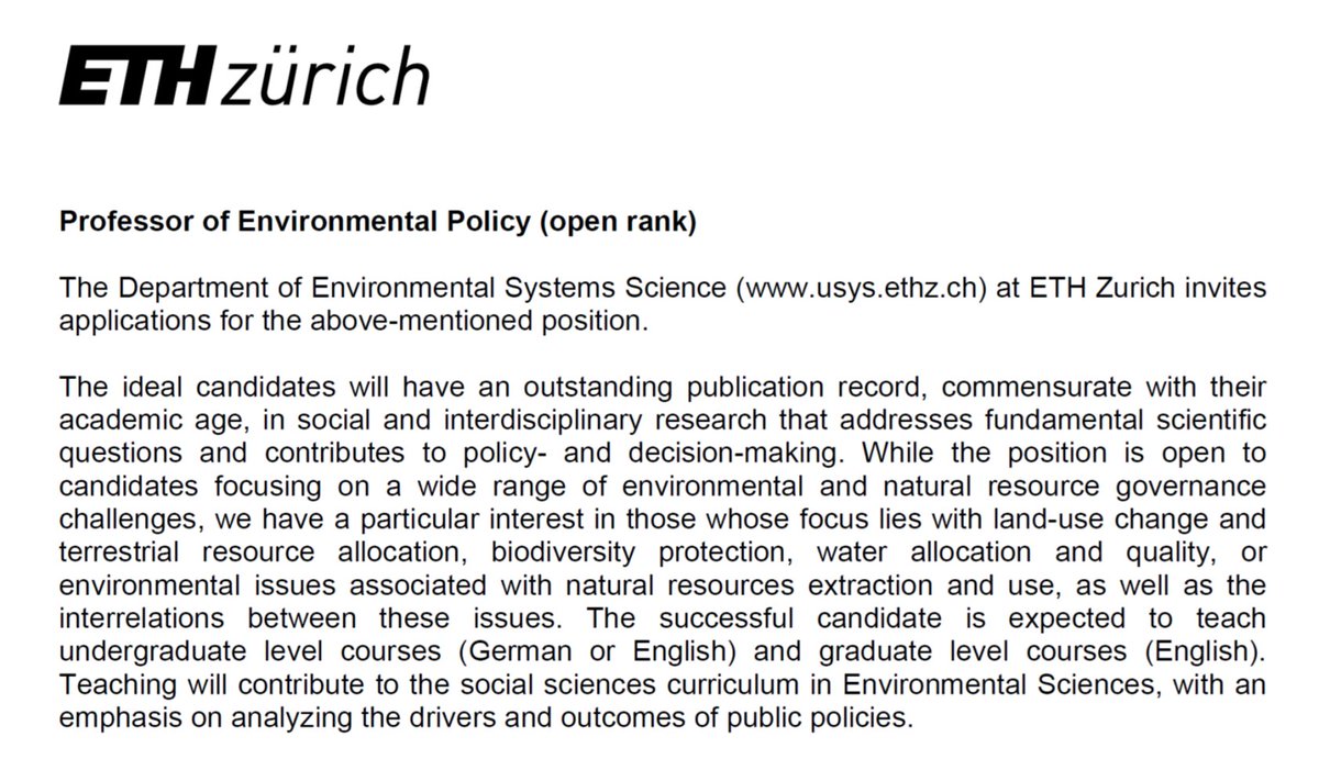 Join us! Professor of Environmental Policy position at the Department of Environmental Systems Science @usys_ethzh, @ETH Zurich ethz.ch/en/the-eth-zur…