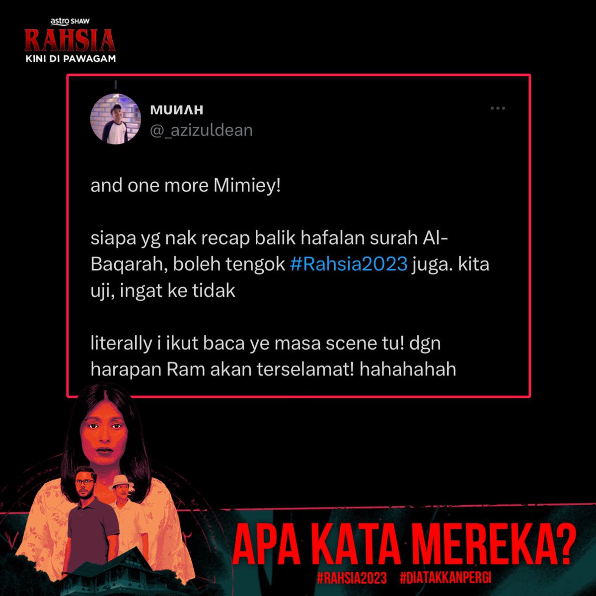 Sampai baby dalam perut pun terkejut tau.

Filem RAHSIA Kini Di Pawagam.

Dia Takkan Pergi.

Daripada Penerbit Filem Dukun &amp; Pusaka.

#Rahsia2023 #SembangEntertainment #NewReleases #MovieRecommendations