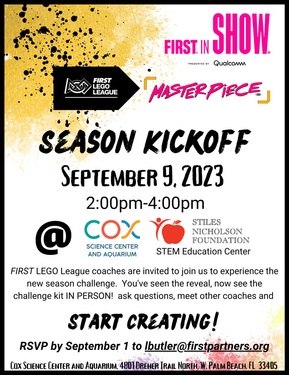 Calling all Coaches!  Join us for the Cox Science Center FIRST LEGO League Season Kickoff on 9/9/23.  RSVP TODAY!