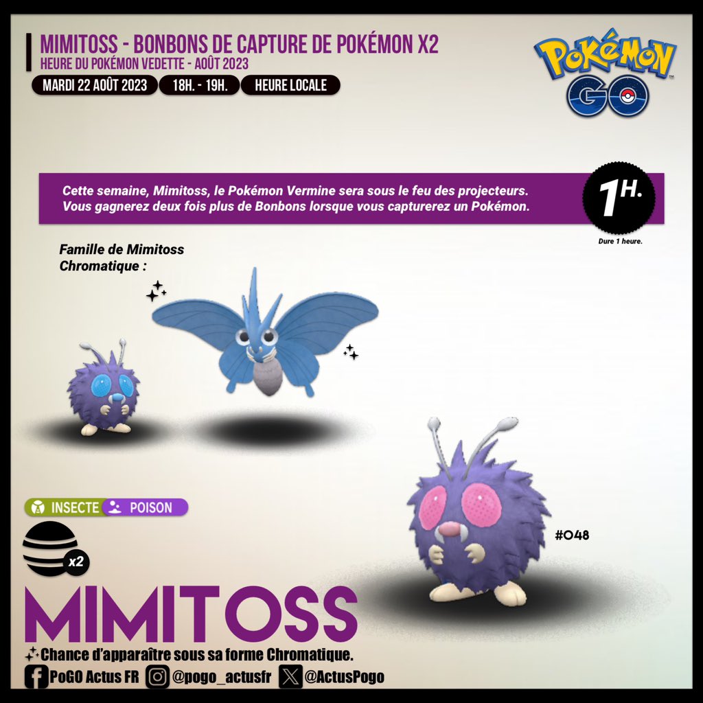 ActusPogo's tweet photo. Cette semaine, #Mimitoss, le Pokémon Vermine sera sous le feu des projecteurs. ✨
Vous gagnerez deux fois plus de Bonbons en attrapant des Pokémon.
📆 Mardi 22 août 2023 (18H. - 19H.)
#PokemonGO #SpotlightHour #ShinyPokemon #Venonat https://t.co/f4w0CzMAv4
