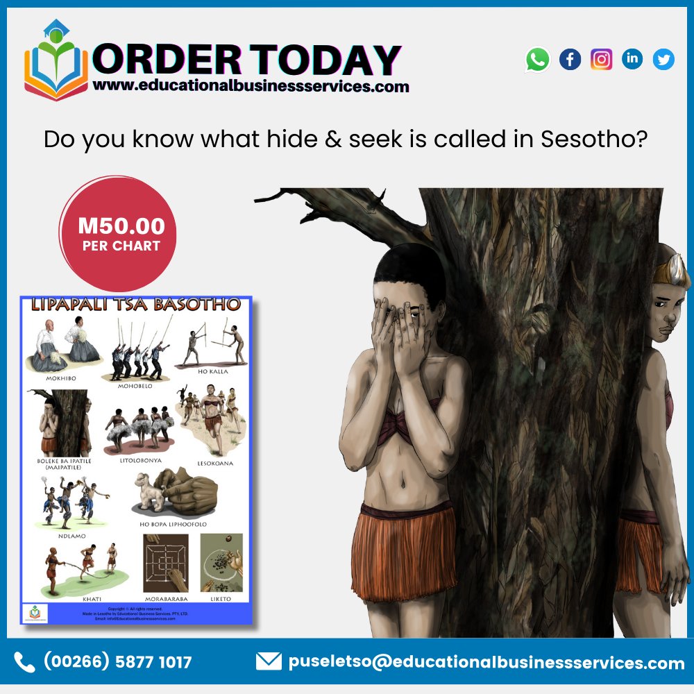 EBS_Pty_Ltd's tweet image. Let’s have fun and name this Sesotho game!

Learn about #Basotho games, and many more using our charts. To place an order send Puseletso a Whatsapp message to +26658771017 or email: puseletso@educationalbusinessservices.com

educationalbusinessservices.com/product-catego…

#LsTwitter #Sesotho #Lesotho