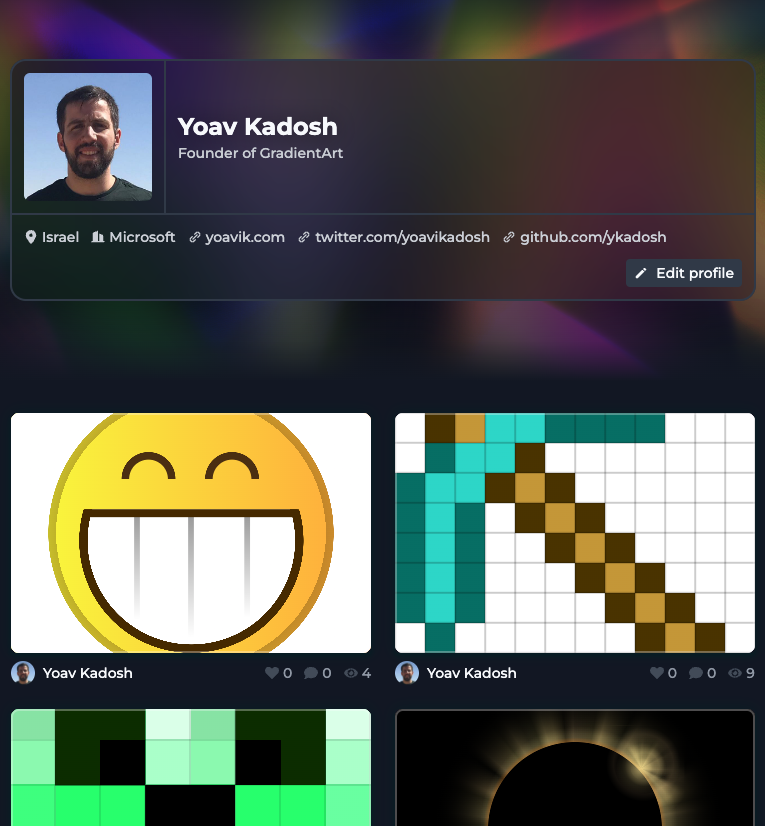 yoavikadosh's tweet image. I added a new profile settings page on gra.dient.art
you can now change your name, add a bio, location, company, and even some links to your social media profiles 💪