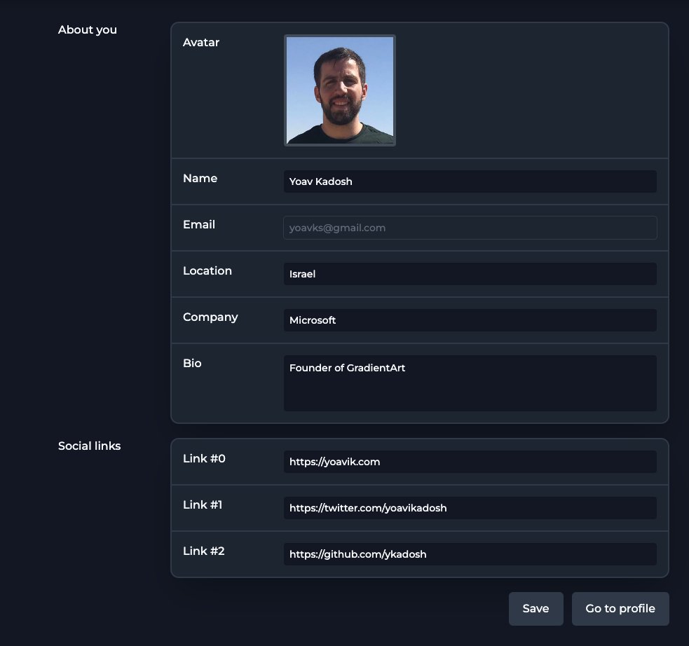 yoavikadosh's tweet image. I added a new profile settings page on gra.dient.art
you can now change your name, add a bio, location, company, and even some links to your social media profiles 💪