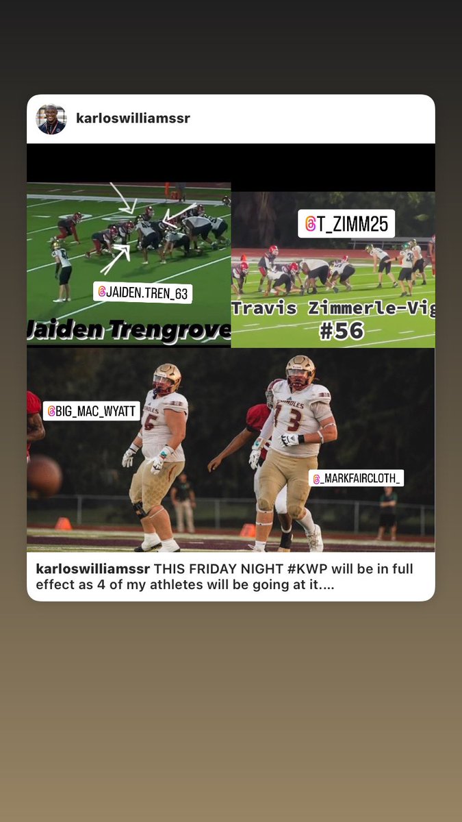 Karlos Williams Sr. (Coach Los) (@karlos_sr) on Twitter photo Coaches this FRIDAY NIGHT in Ocala FL it’s going down. Two FL rising powerhouses will face off and #KWPAthletes will be facing off. @JaidenTrengrove and <a href="/zimmerle_travis/">Travis Zimmerle-Vigil (Zim•er•lee-Vee•hill)</a> of <a href="/TCCelticsFB/">Trinity Catholic Celtics Football</a> will face off vs <a href="/markfaircloth10/">Mark Faircloth</a> and <a href="/bigmacwyatt/">Wyatt “Big Mac” Crosby</a> of <a href="/FloridaHighFB/">FloridaHigh Football</a>. Game to watch for sure Coaches this FRIDAY NIGHT in Ocala FL it’s going down. Two FL rising powerhouses will face off and #KWPAthletes will be facing off. @JaidenTrengrove and <a href="/zimmerle_travis/">Travis Zimmerle-Vigil (Zim•er•lee-Vee•hill)</a> of <a href="/TCCelticsFB/">Trinity Catholic Celtics Football</a> will face off vs <a href="/markfaircloth10/">Mark Faircloth</a> and <a href="/bigmacwyatt/">Wyatt “Big Mac” Crosby</a> of <a href="/FloridaHighFB/">FloridaHigh Football</a>. Game to watch for sure