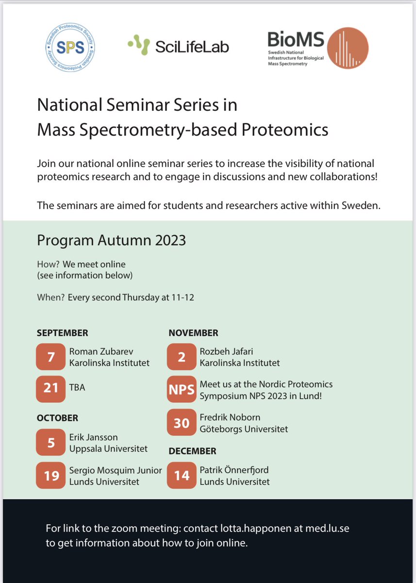 SwedishProtSoc's tweet image. We continue with our popular zoom-based seminar series in mass spectrometry-based proteomics this autumn! These seminars are organised together with @BioMS_Sweden and the @scilifelab ISB platform. The first seminar will be on September 7th by Roman Zubarev at KI.