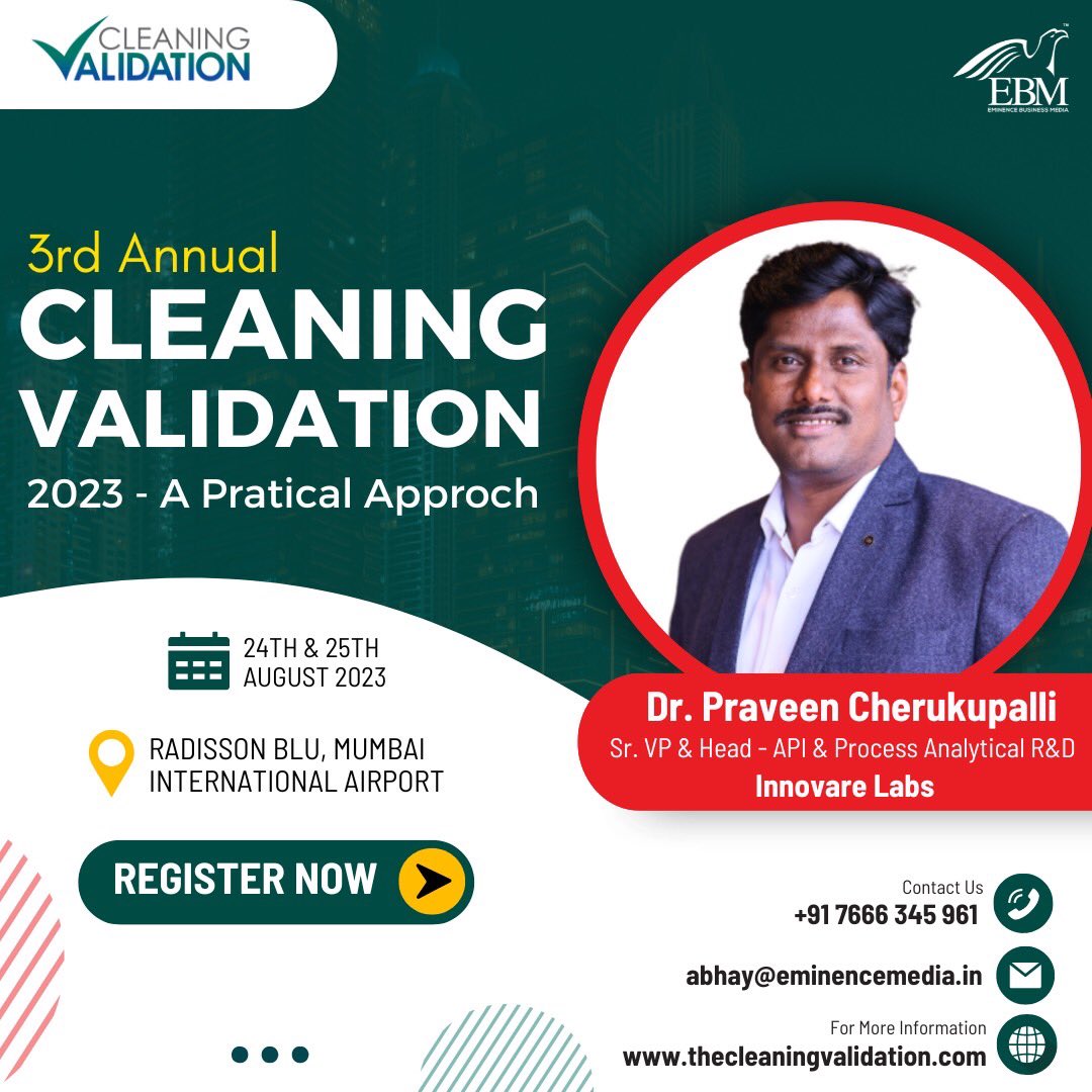 eminence_group9's tweet photo. Gain knowledge and insights from the industry's top experts and let’s welcome Dr. Praveen Cherukupalli at the 3rd Annual Cleaning Validation 2023 - A Practical Approach 

Grab your seats today!

#eminencebusinessmedia #ebmcv #ebmcv3 #ebmcleaningvalidation https://t.co/PFKFbLEsEg