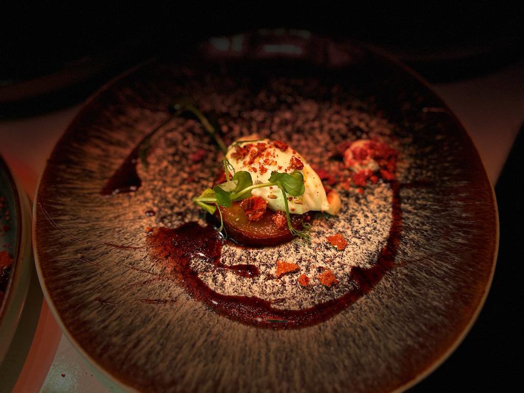 New cheese course - white chocolate and blue cheese ganache - port roasted peach - port jus - beetroot and poppy seed cracker