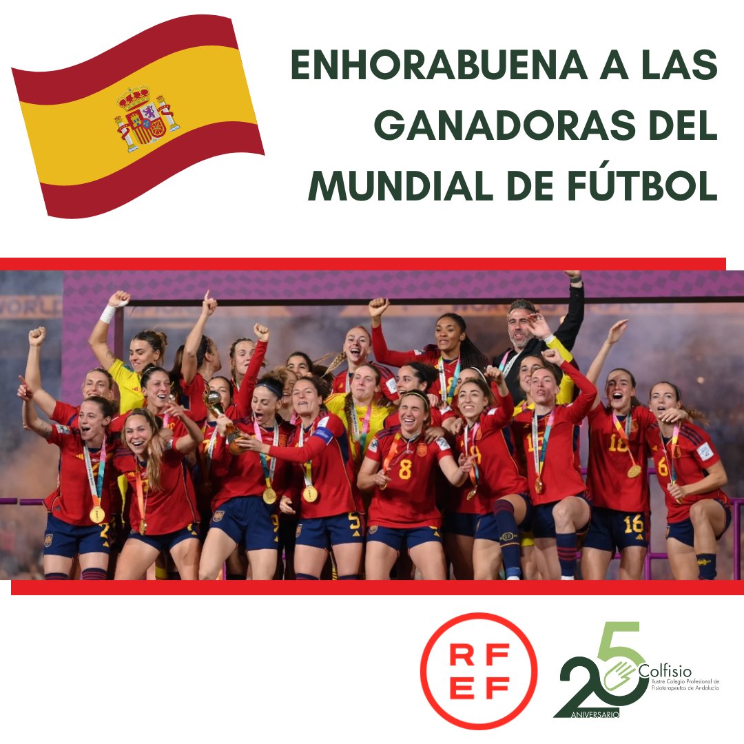 Desde Colfisio queremos dar la enhorabuena a la Federación de Fútbol Femenino por ser las campeonas de este Mundial 2023.🇪🇸 <a href="/rfef/">RFEF</a> 

Una gran noticia para el fútbol y el deporte en España.

❤️⚽Orgullo del deporte femenino español.🙌

🖤Nuestro más sentido pésame a la futbolista