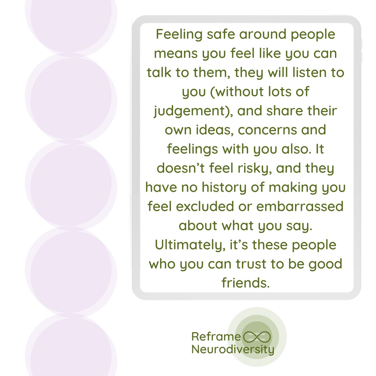 ReframeND's tweet image. With no social rule-book, it&apos;s difficult to know sometimes who is and isn&apos;t a safe person. These are some tips for safe friends 👭

#reframeneurodiversity #neurodivergent #audhd #autisticpride #socialskills #socialskillslessons #learningdisabilities #ocd #anxiety #friendshiptips