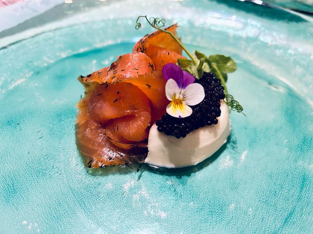 Champagne pan a cotta, caviar, gravalax, sweet blueberry vinegar gel