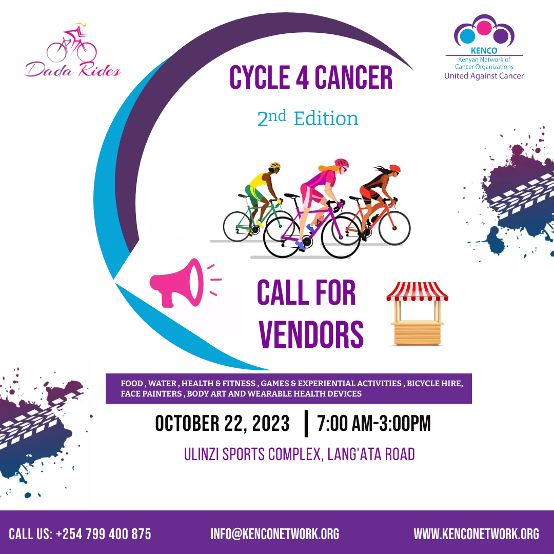 Kenyan Network of Cancer Organizations (@kenconetwork) on Twitter photo CALL FOR VENDORS: Cycle 4 Cancer, 2nd Edition.
Call +254 799 400 875
Email: info@kenconetwork.org CALL FOR VENDORS: Cycle 4 Cancer, 2nd Edition.
Call +254 799 400 875
Email: info@kenconetwork.org