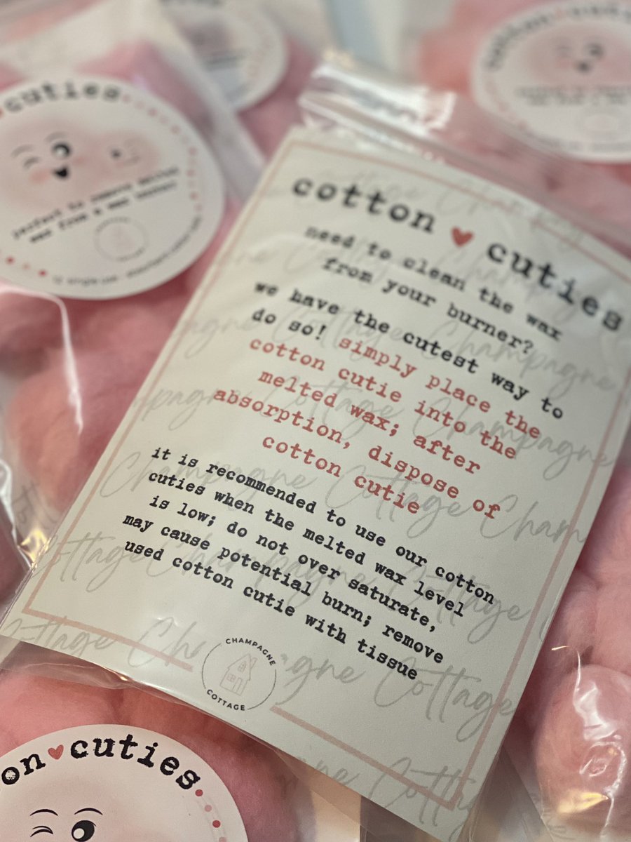 Our NEW Cotton Cuties are here! This is the first of our accessories and we are so excited!  Cotton Cuties can be used to absorb that last bit of wax out of your wax burner. Fast absorbing and CUTE! #candleaccessories #candlecommunity #champagnecottagellc #waxburner