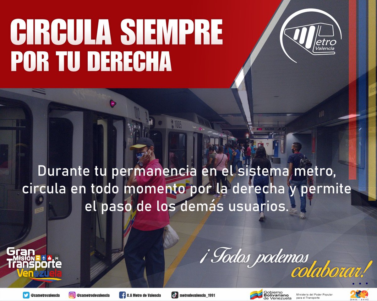 CAMETROVALENCIA's tweet photo. #EnMetro🚇||Cumplir las #Normas dentro del #SistemaMetro son esenciales para el desarrollo óptimo del servicio de traslado en @CAMETROVALENCIA ||Desplázate siempre por tu derecha, de esta manera, garantizas el paso fluido de los demás usuarios🚶🏽♀️▶️🚆#ConversaítoConMaduro https://t.co/HZktSruT9t