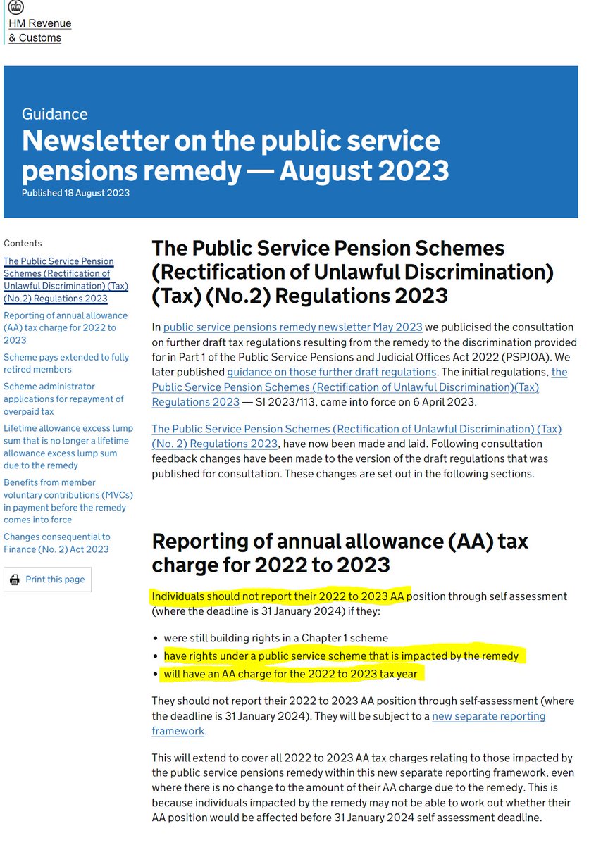 1/3 IMPORTANT: Welcome confirmation from <a href="/hmrc/">hmrc</a> that *those impacted by the McCloud remedy* will *not* be required to report a 22/23 AA charge via Self Assessment in the normal way (i.e. deadline 31st Jan 2024)

gov.uk/government/pub…