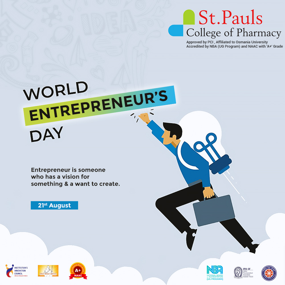 An #Entrepreneur is more than just a title – it's a visionary, a #Creator, & a trailblazer. 💡#HappyWorldEntrepreneursDay! 

#StPauls #StPaulsCollegeOfPharmacy #Entrepreneurship #VisionaryMinds #WorldEntrepreneursDay #Entrepreneurs #WorldEntrepreneursDay2023 #Creators #Innovators