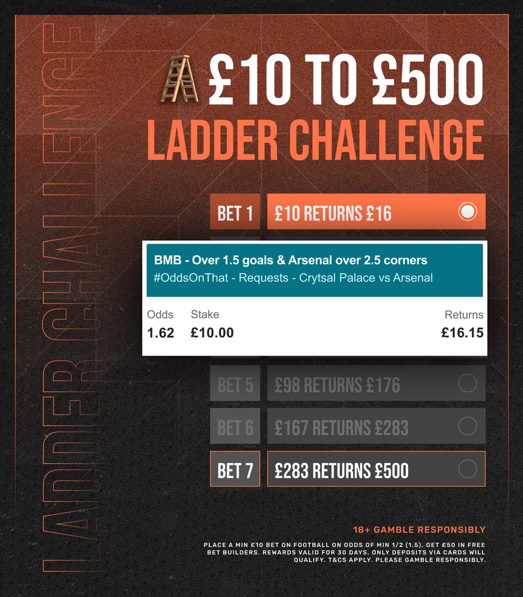 1️⃣🪜 £10 TO £500 LADDER CHALLENGE BET 1! 

📌 LOAD IT: bit.ly/Ladder_Bet1

The bet has been boosted exclusively on Betfair. 

Sign up, bet £10 on bet 1 and you’ll get £50 in free bet builders. 

🎁 Claim offer: bit.ly/FREEBF-50

18+, Gamble Responsibly, Ad.