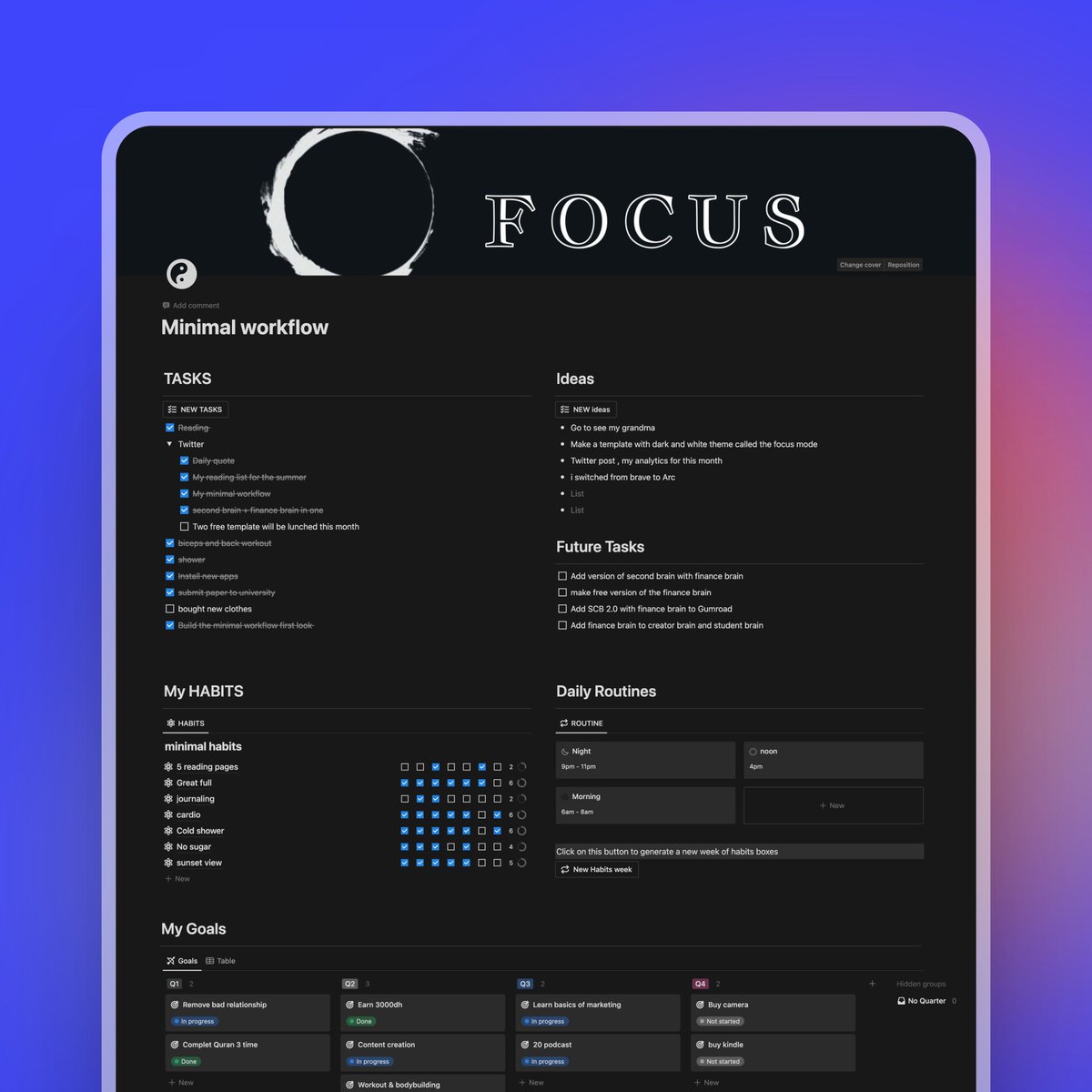 🎉 Enter the Giveaway:

Some of us just want pure focus – achieving goals, managing tasks, and wrapping up the day with meaningful journaling.

Introducing the Focus Mode template, your key to simplicity and productivity! 🎯

1 - Like &amp; Follow
2 - Comment 'focus'
3 - Retweet