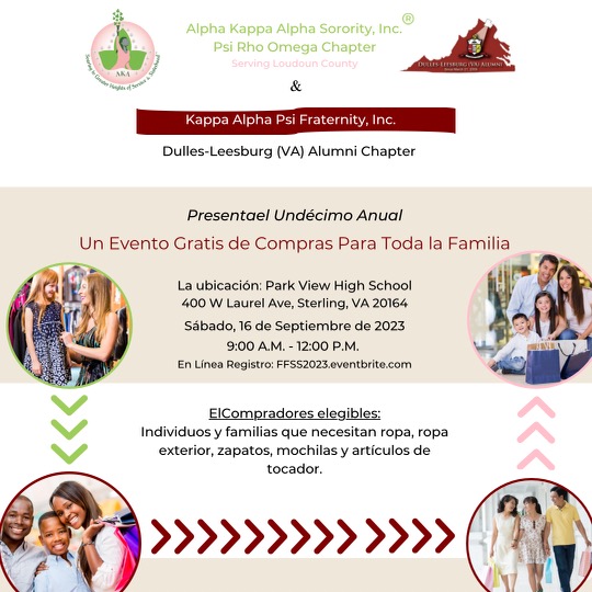 PsiRhoOmega's tweet photo. Join Psi Rho Omega for the "Family Free Shopping Spree" on Sept 16, 9 AM - 12 PM at Park View HS, Sterling, VA. Access free clothing, health services, and more. Spread the word! 

Register: FFSS2023@eventbrite.com https://t.co/J7pLG8hdlK