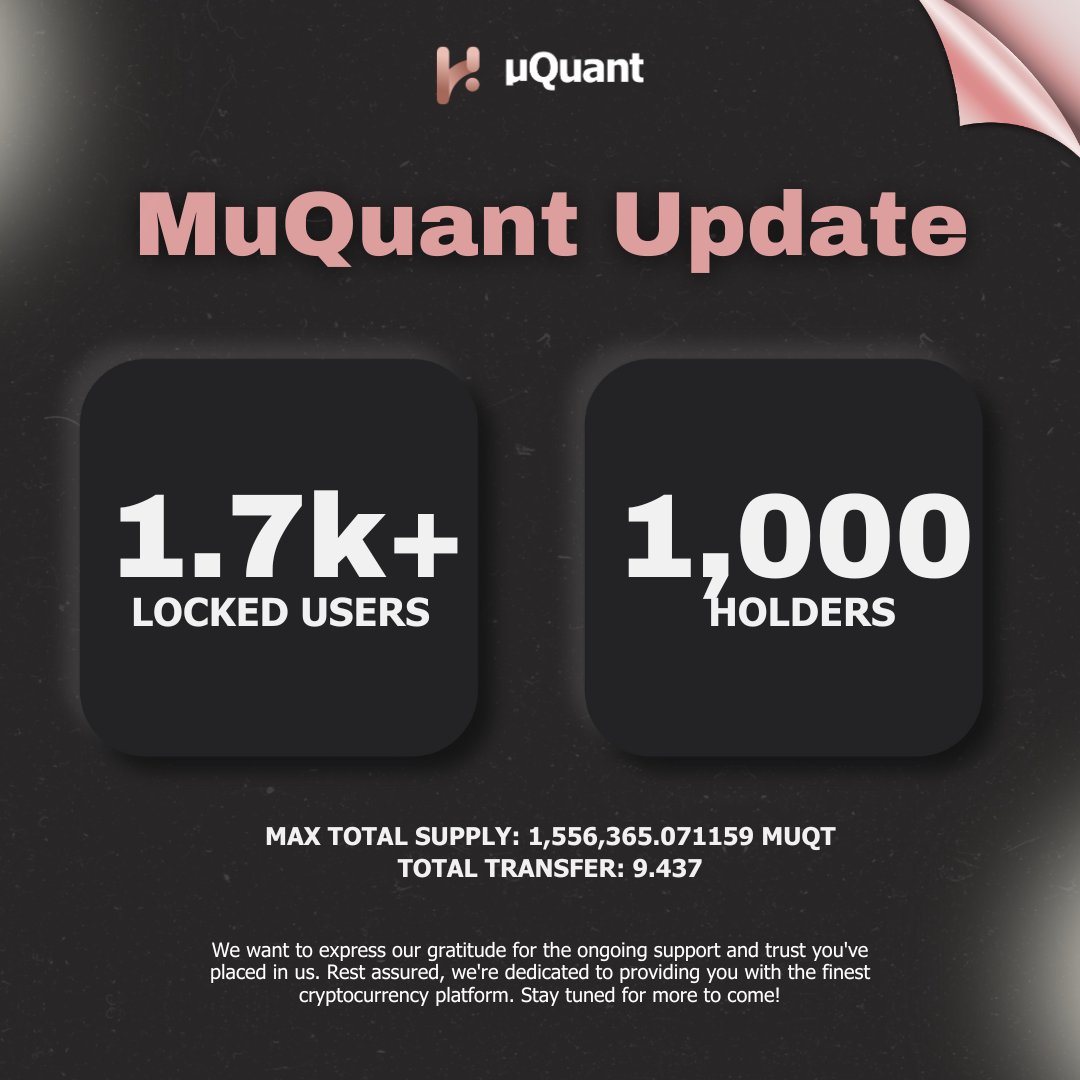 muqtdefi's tweet photo. π We're growing! This shows MuQuant is a reliable and thriving community. Thanks for your ongoing support and trust. We're committed to providing you with a top-notch cryptocurrency platform. More exciting things ahead, so stay tuned!
#MuQuantCommunity #Crypto #GrowingStrong https://t.co/SvvC4YcCff