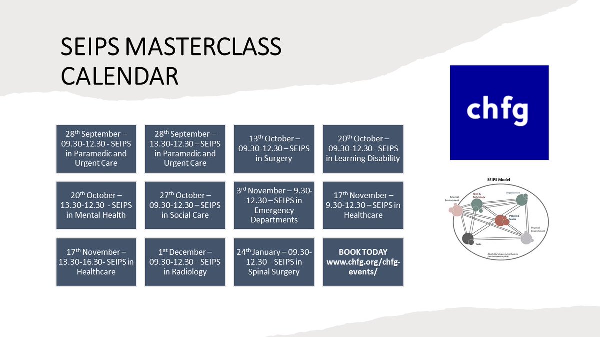 Are you familiar with the Systems Engineering for Patient Safety model (SEIPS) as recommended in the Patient Safety Incidence Response Framework? Now is your chance to learn. Up and coming SEIPS in healthcare Masterclasses chfg.org/chfg-events/ Book now