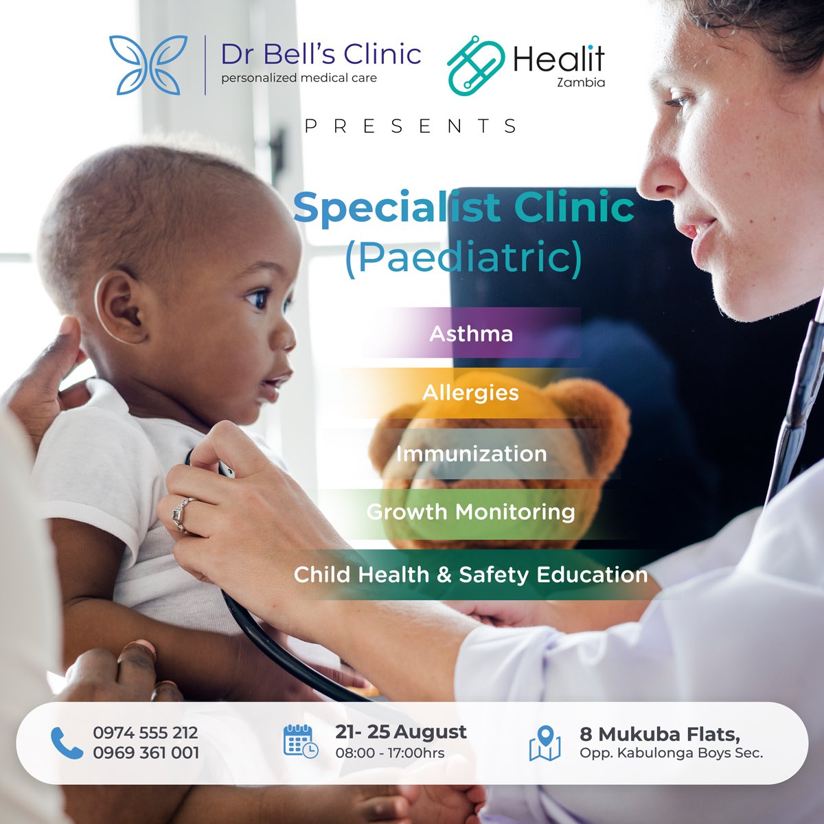 HealiTZambia's tweet photo. FREE PAEDIATRIC CLINIC
This serves to inform the public that our FREE Paediatric Clinic is currently on-going. We are providing a full range of pediatric services, including well-child visits, sick visits, immunizations and developmental screenings.

📞 0974 555 212 /0969 361 001 https://t.co/HAj0VUHRQk