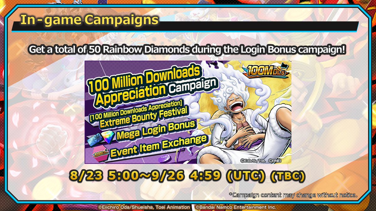 ONE PIECE Bounty Rush - Added Rewards Thank you all so much for all the  Likes! We've reached 7,220 Likes now, earning all players x50 Rainbow  Diamonds! As an added reward, reaching