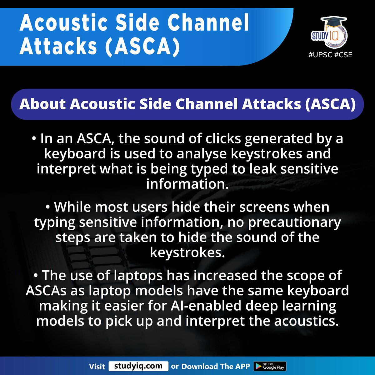 upsciq's tweet photo. Acoustic Side Channel Attacks (ASCA)
#acousticsidechannelattacks #asca #whyinnews #artificalintelligence #keystroks #sidechannelattack #sca #mobilesensors #internet #acoustics #ascaattacks #aimodels #upsc #cse #ips #ias https://t.co/cIFaQ3XbDF