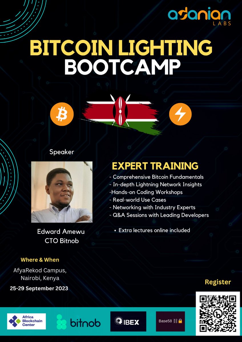 @Adanianlabs, @Bitnob_official @base58btc present to you the Bitcoin Lightning Bootcamp.💥💥 🗓️25th-29th September 📍The AfyaRekod Campus Speaker: @ednm__ CTO of Bitnob. #developers #Bitcoin #btcbootcamp