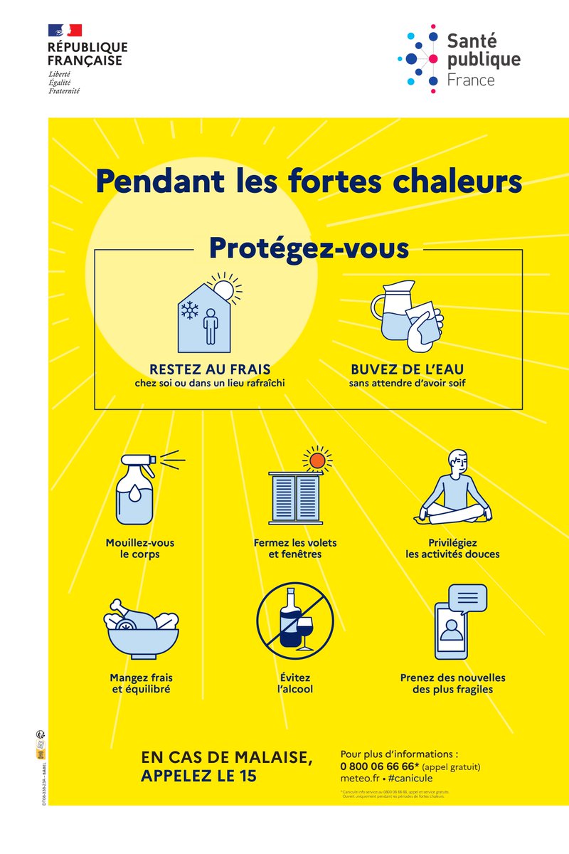 SantePubliqueFr's tweet image. Les #forteschaleurs peuvent avoir des effets importants sur la #santé de chacun
🌡️ Les conseils de prévention s'appliquent à tous, particulièrement aux personnes fragiles, aux travailleurs exposés à la chaleur, plus à risque de présenter des complications