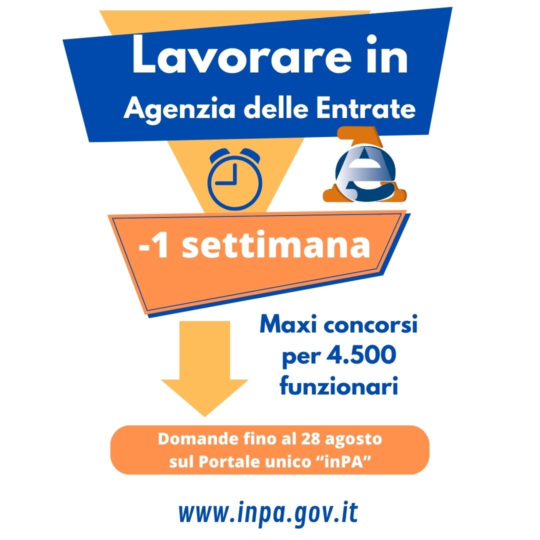 #Maxi #concorsi #AgenziaEntrate per 4500 funzionari: ancora una #settimana di tempo per partecipare. Le #domande vanno inviate entro il 28 agosto. Vai sul portale unico inPA e invia la tua candidatura 👉🏻bddy.me/44y3tdD
<a href="/FunzPub/">Dipartimento della funzione pubblica</a> #EntrateinAgenzia