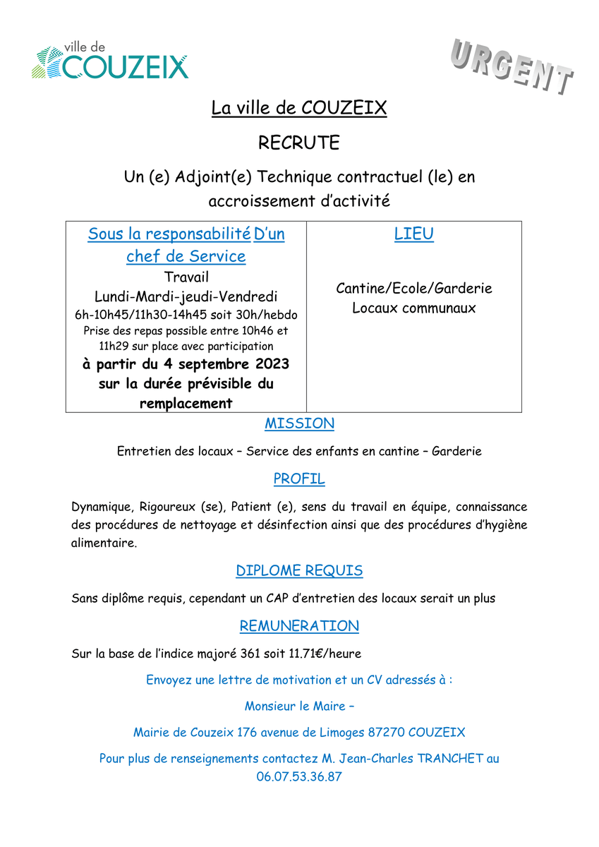 [#Emploi] La ville de Couzeix recrute un(e) adjoint(e) technique contractuel(le) en accroissement d'activité au sein de la cantine, de l'école, de la garderie et des locaux communaux ⬇️