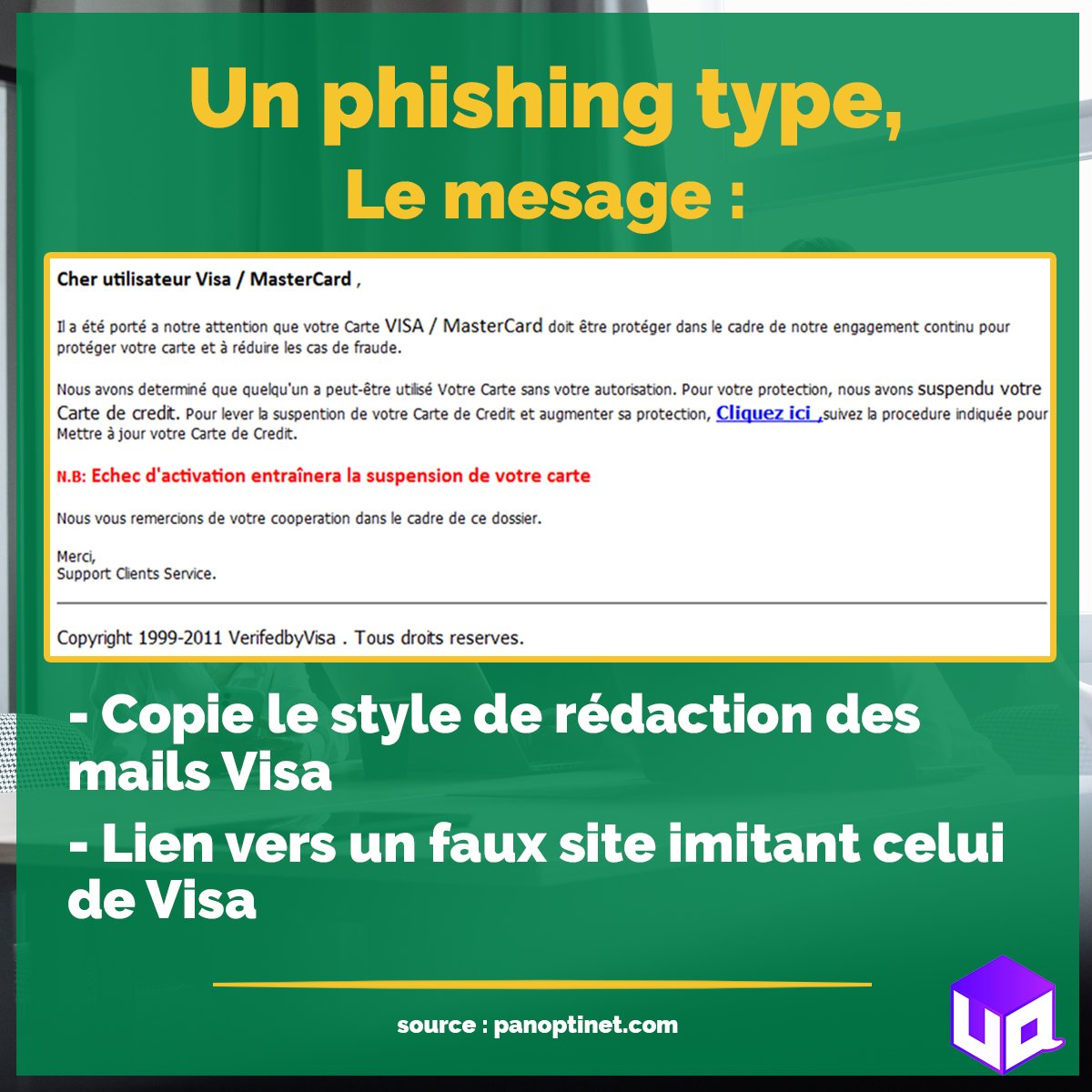 UrbiQuest's tweet photo. [1/2]

Comment repérer et éviter les faux e-mails ? 🤔  

Très souvent, il s'agit d'attaque de "phishing". Pour les reconnaître et les esquiver, lisez notre tip de la semaine ! 🚀

#urbiquest #tipoftheweek #tipdelasemaine #marketingtip #marketingdigital #coachingdigital https://t.co/8WLybQdBtI