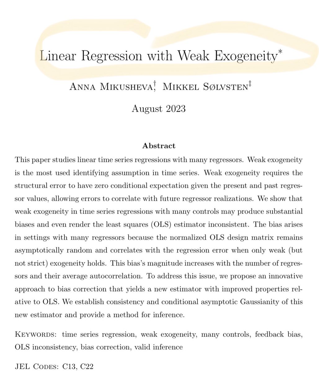 Hi #EconTwitter!

Familiar with 𝐫𝐞𝐠𝐫𝐞𝐬𝐬𝐢𝐨𝐧 and 𝐎𝐋𝐒?😝

If so, check out this paper by Anna Mikusheva (<a href="/MITEcon/">MIT Economics</a>) &amp; Mikkel Sølvsten (<a href="/AarhusUni/">Aarhus Universitet</a>). 

It shows that under weak exogeneity, OLS estimates can be biased if you have many regressors. Solutions provided!

Cool👇