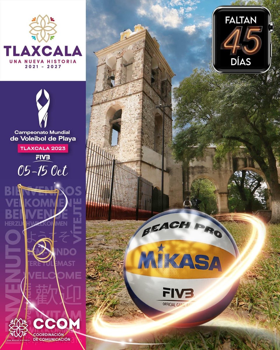 ¡ A 45 días del Campeonato Mundial de Voleibol de Playa, #Tlaxcala 2023‼️#CMVPT2023🟣
Del 5 al 15 de octubre, disfruta de 216 partidos donde 192 atletas de 38 países competirán en tierras tlaxcaltecas por su boleto a los Juegos Olímpicos #Paris2024.

🌐Visita la página oficial