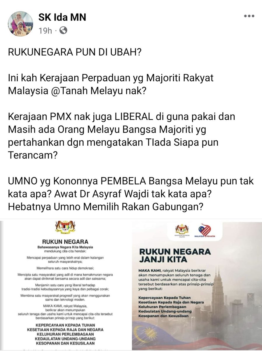 FaktaBukanAuta's tweet photo. Tahukah anda berat fitnah ni pada negara kita.

Rukun Negara ni disediakan oleh Majlis Gerakan Negara pada 31 Ogos 1970 setahun selepas tragedi 13 Mei 1969.

Ini bukan boleh saja-saja ubah macam orang gubah lagu.

Dah 53 tahun inilah ayat yg digunapakai takde siapa boleh ubah. https://t.co/D3leyJZTmd