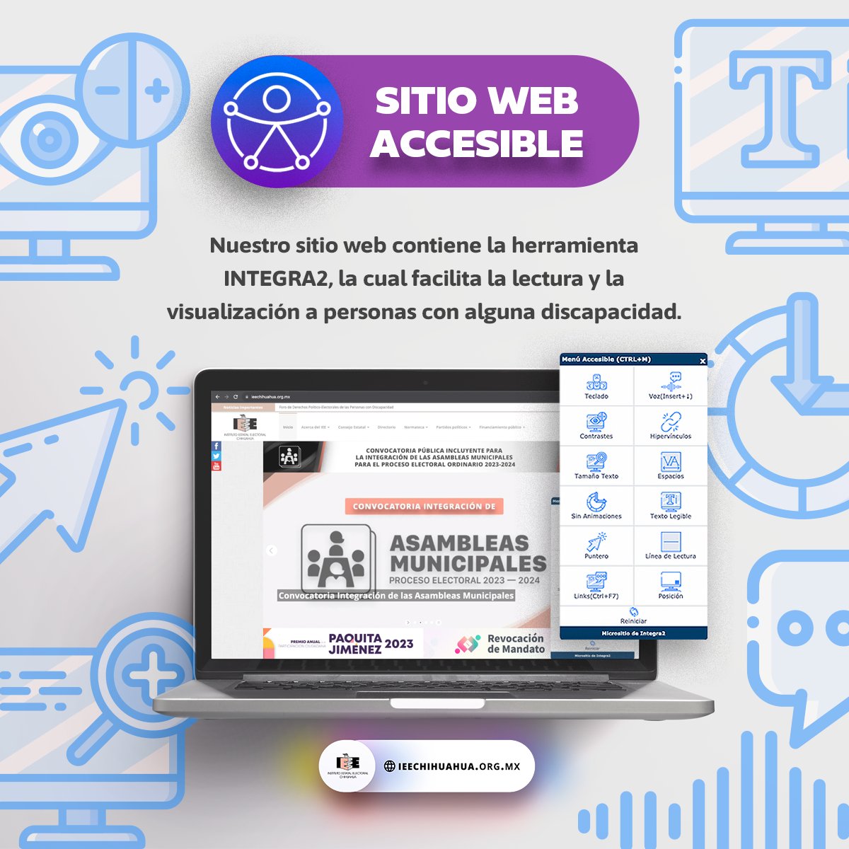 IEEChihuahua's tweet image. ♿️ Descubre la accesibilidad en nuestro sitio web IEE., con #INTEGRA2, ofrecemos texto a voz, ajuste de texto, hipervínculos destacados, línea de lectura y más para una experiencia inclusiva.

Explora la web de manera cómoda ieechihuahua.org.mx