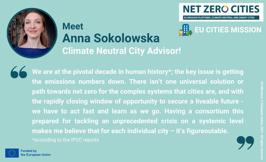 Meet <a href="/NetZeroCitiesEU/">NetZeroCities</a> City Advisor Anna Sokolowska! Anna is a future-oriented urban designer with vast experience in retrofitting neighbourhoods to reach #netzero
Discover more about Anna &amp; how she will support #MissionCities &amp; #PilotCities➡️bit.ly/3Iiyg50