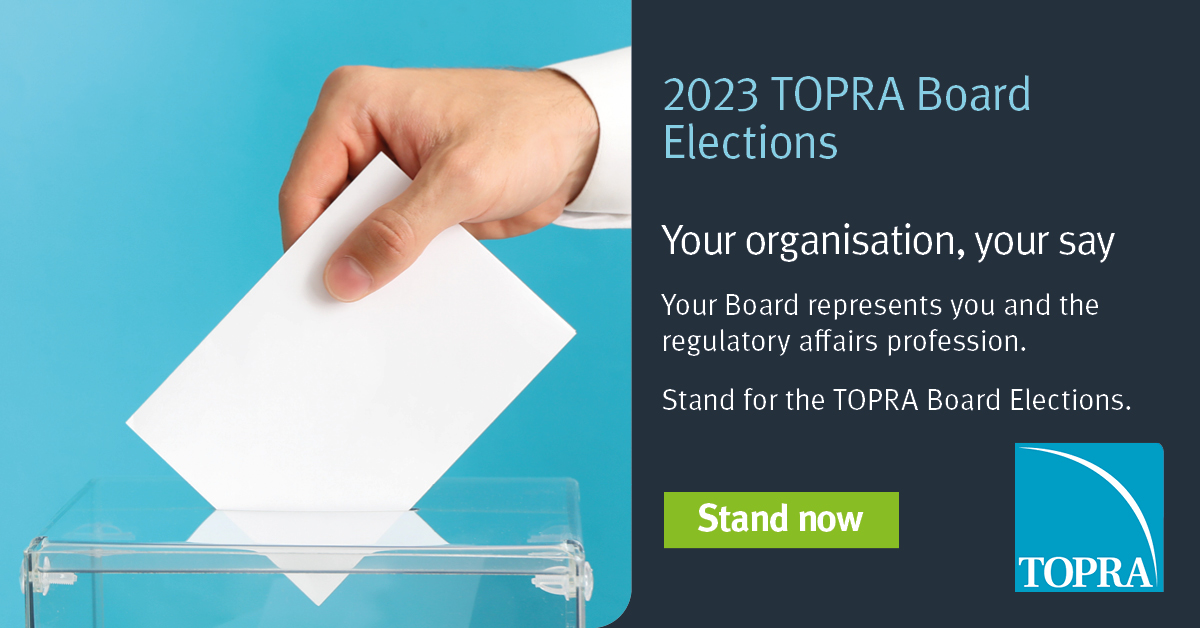 TOPRANEWS's tweet photo. Stand for #election as a #TOPRA #President Elect or #Board Director for your chance to #makeadifference to how #regulatoryaffairs professionals are supported.

Nominations close this week. Stand for election before Friday 25 August 2023 👉 https://t.co/RgnPYAAutI https://t.co/BAYYv8aR6e