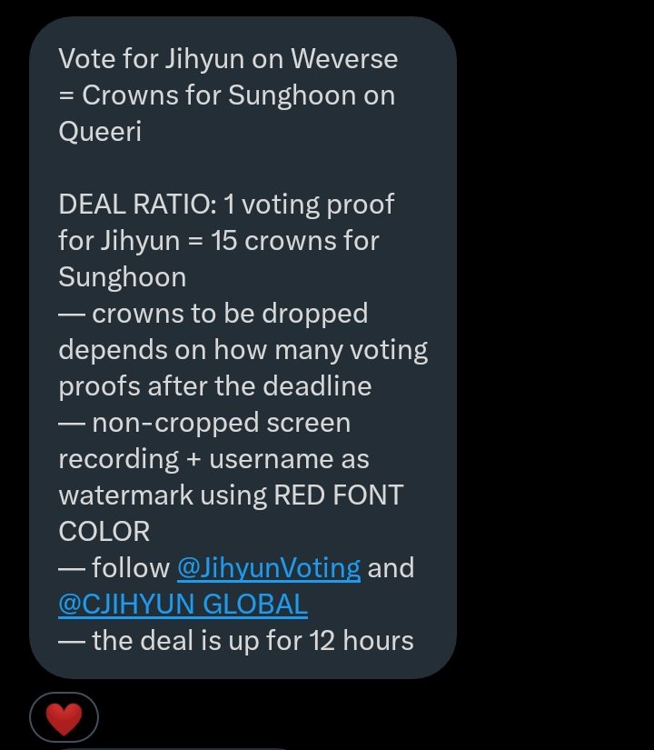 VOTE FOR JIHYUN ON WEVERSE = CROWNS FOR SUNGHOON ON QUEERI

DEAL RATIO: 1 VT proof for JIHYUN = 15 CROWNS for SUNGHOON
 
RULES:
—VOTE JIHYUN ON WEVERSE 
—follow <a href="/JihyunVoting/">JIHYUN VOTING TEAM</a> @CJIHYUN_GLOBAL
—noncropped screen record, username, RED FONT COLOR

more rules 👇

#ENFuelUp #ENVOOSTERS